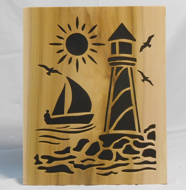 Wood Lighthouse with Sailing Ship Art work For Sale