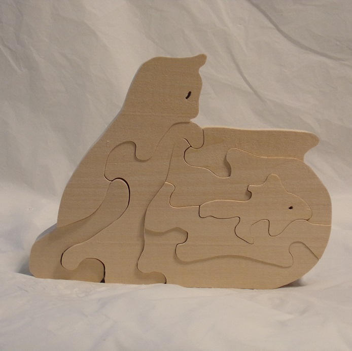 Children's Hand Made Wood Puzzles | Cat W/Fish Bowl Puzzle Art Project For Sale