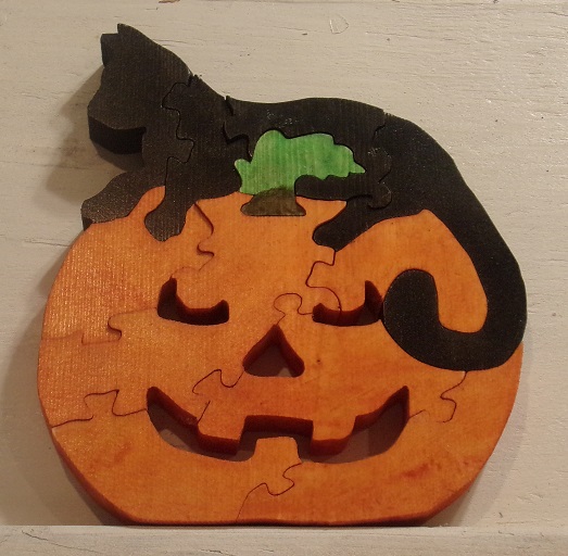 Wood Cat on a Pumpkin Puzzle For Sale
