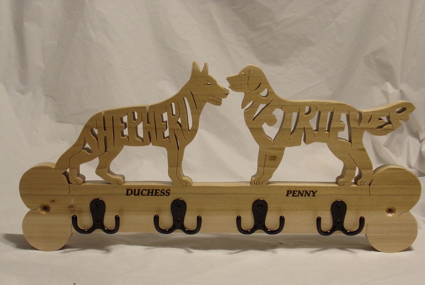 Custom Engraved Shepherd/Retriever Double Wood Wall Hangers For Sale
